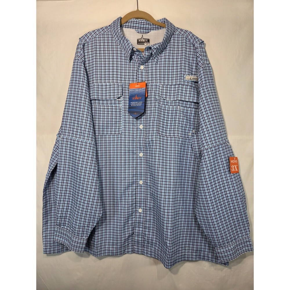 Habit Fishing Shirt Mens 3XL Blue Gingham NWT Herring Lake River Long Sleeve UPF